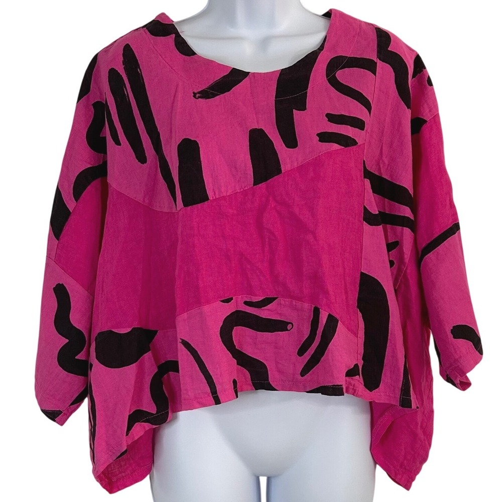 Transparente Women's  2X-4X Hot Pink Linen Abstract Print Top Italy Art to Wear